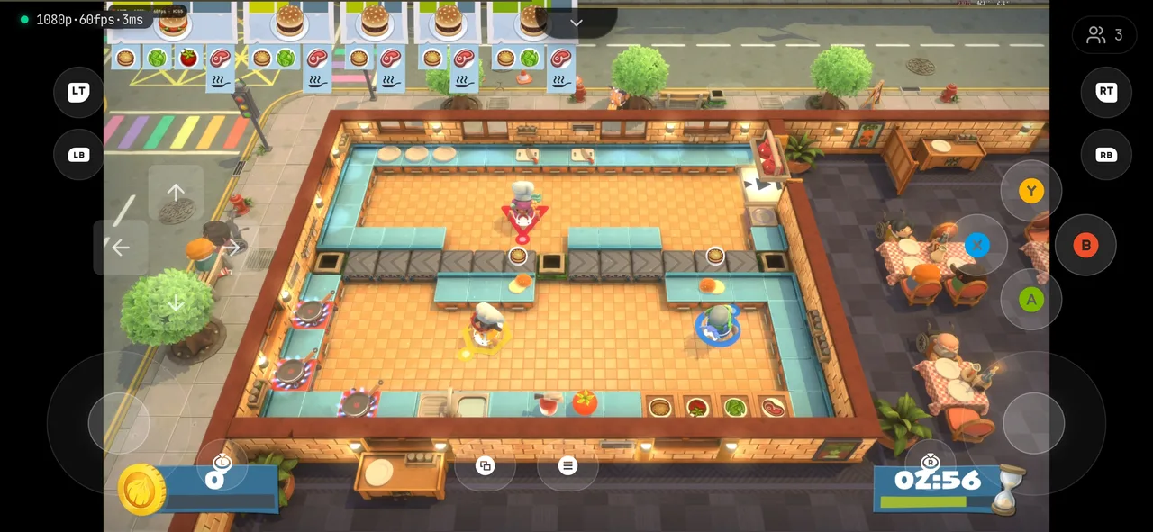 Co-Player playing on their Samsung Galaxy phone in landscape, with on-screen touch controls and the game streaming from the Stream Host's PC