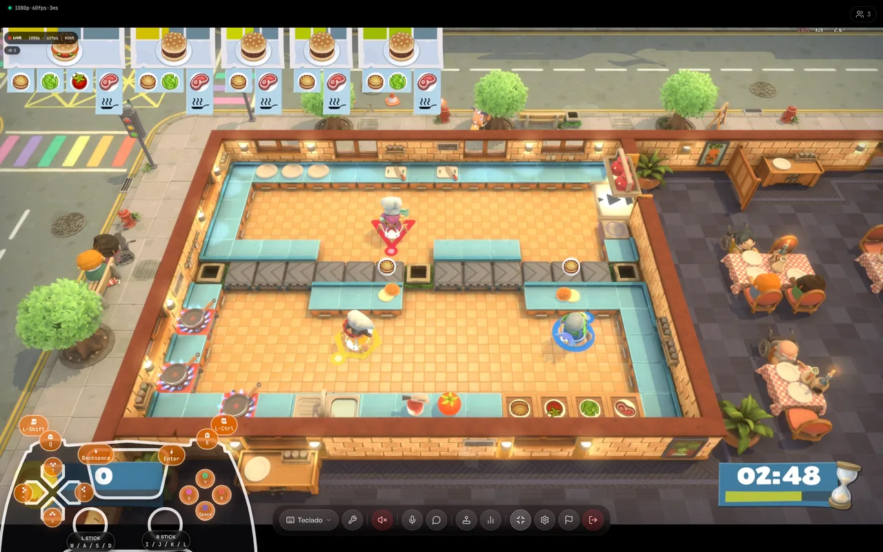 Co-Player playing on a MacBook from the browser, with the on-screen keyboard mapping and the game streaming from the Stream Host's PC